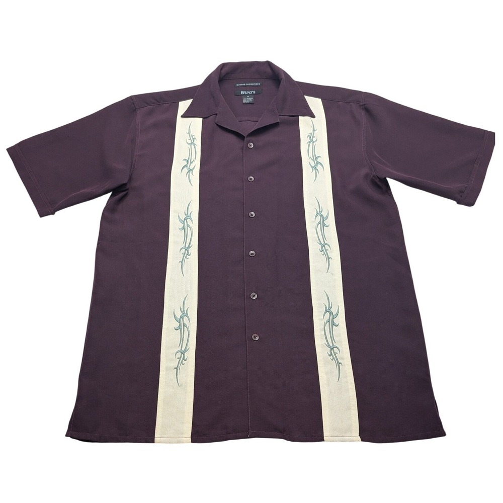 Bruno Bowling Shirt Mens M Burgundy Tribal Embroidered Sueded Microfiber